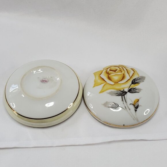 VTG Yellow Rose Trinket Holder Jewelry Box Porcelain Round Gold Trim Japan - Picture 3 of 10